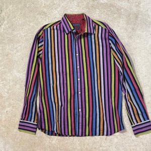 David Smith Striped Casual Button Down Shirt Men’s XL Red Purple Rainbow Paisley